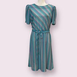 Vintage Good Times Midi Dress Green Stripes Short Sleeve Size L/XL Elatic Waist